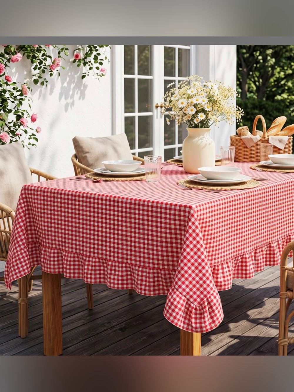 Red Gingham Ruffled Tablecloth - Home Dining